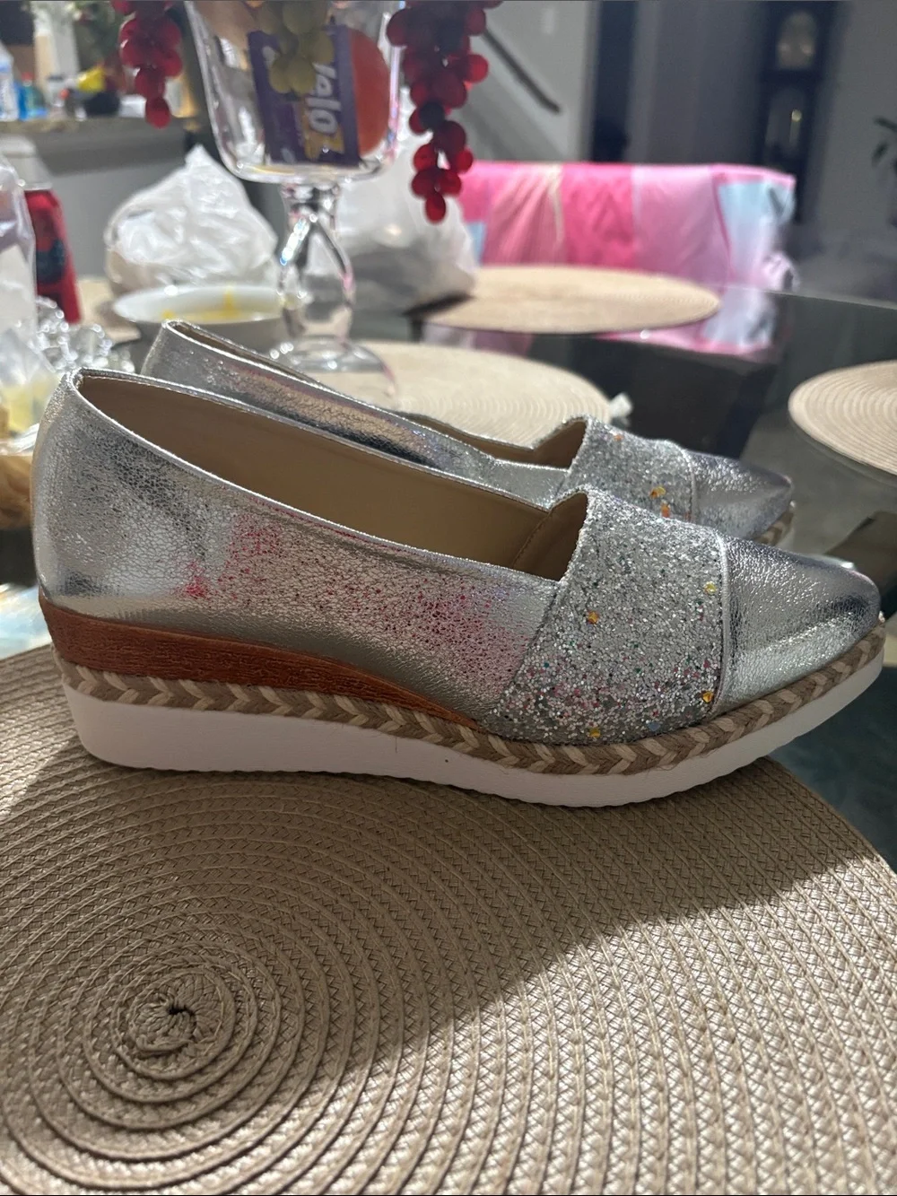 Silver Glitter Espadrille Platform Slip-On